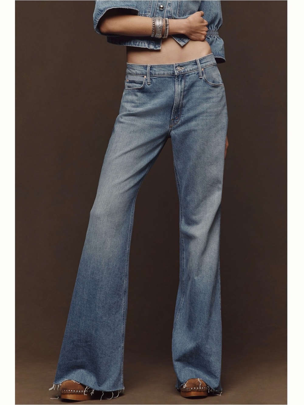 NWT MOTHER Doozy Fray Jeans Heads or Tails Blue Flare Size 28